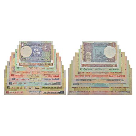 Semi fancy number set of 9 notes, 1 rupee to 1000 rupees, various governors' signature, va