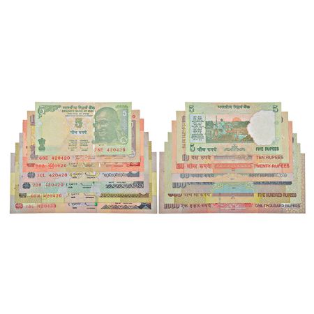 Semi fancy number set of 7 notes, 5 rupees to 1000 rupees, various governors' signature, v