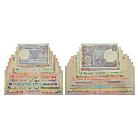 Semi fancy number set of 9 notes, 1 rupee to 1000 rupees, various governors' signature, va