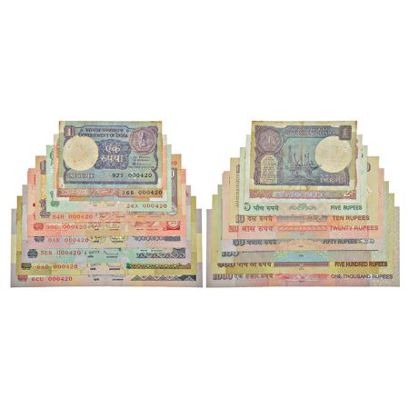 Semi fancy number set of 9 notes, 1 rupee to 1000 rupees, various governors' signature, va