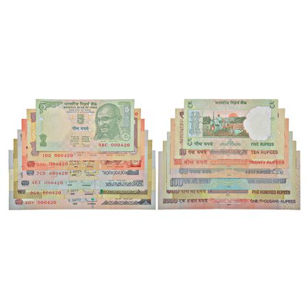 Semi fancy number set of 7 notes, 5 rupees to 1000 rupees, various governors' signature, v