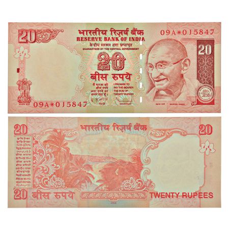 20 rupees, star series, semi fancy number, Gandhi series, 2009, signed by D. Subbarao, wit
