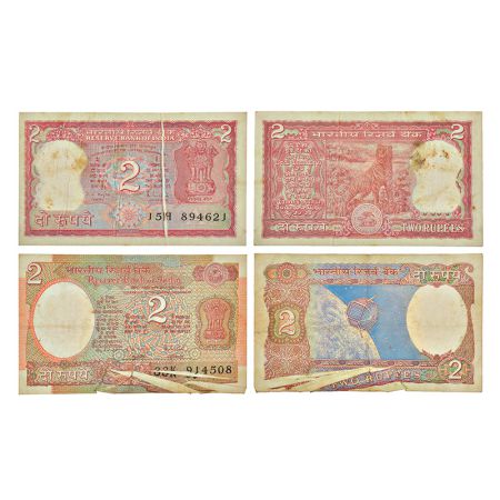 2 rupees, misprint notes (2), Tiger and Aryabhatta series, signed by R.N. Malhotra, serial