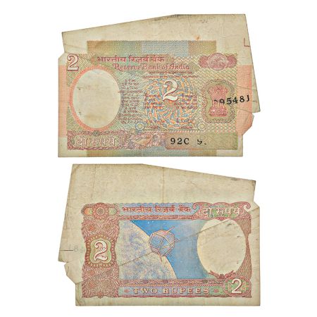 2 rupees, misprint, Aryabhatta series, ND (1985-1990), signed by R.N. Malhotra, inset 'B',