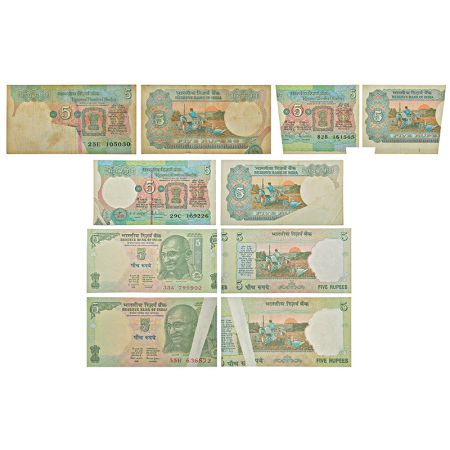 5 rupees, misprint notes (5), 3x Tractor series and 2x Gandhi series, signed by various go