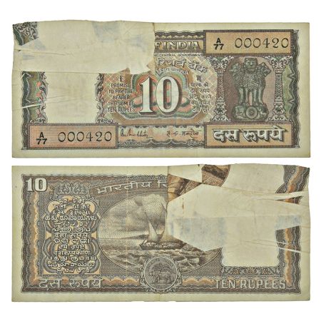 10 rupees, misprint, Boat series, ND (1985-1990), signed by R. N. Malhotra, inset 'F', ser