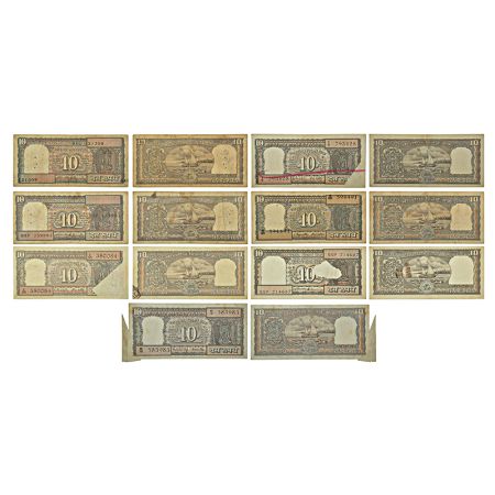 10 rupees, misprint notes (7), Boat series, ND, signed by various governors, various inset