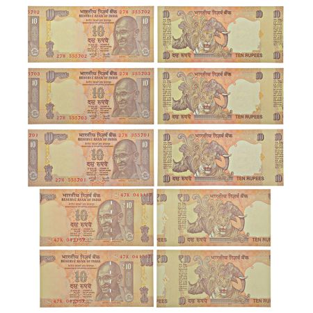 10 rupees, misprint notes (5), Gandhi series, 3x ND (2003-2008), signed by Y.V. Reddy, ins