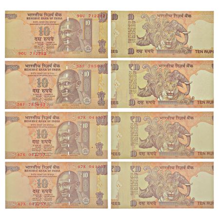 10 rupees, misprint notes (4), Gandhi series, 1x 2011, signed by D. Subbarao, inset 'N'; 1