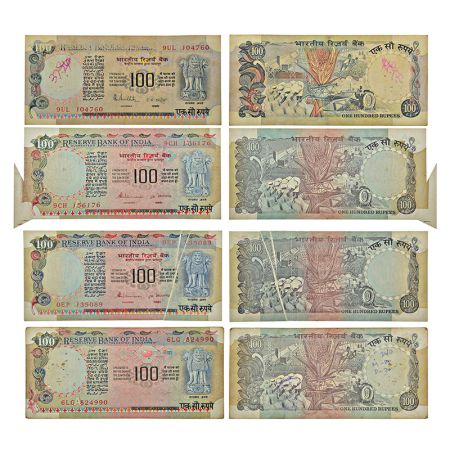 100 rupees, misprint notes (4), Agriculture series, 1x ND (1985-1990), signed by R. N. Mal