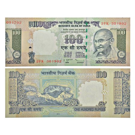 100 rupees, misprint, Gandhi series, 2010, signed by D. Subbarao, without inset, serial no