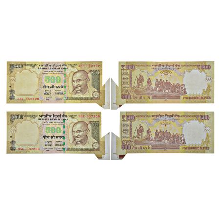 500 rupees, mule and misprint notes (2), Gandhi series, 3rd issue, 1x 2014 (mule), signed 