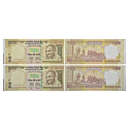 500 rupees, mule and misprint notes (2), Gandhi series, 3rd issue, 1x 2014 (mule), signed 