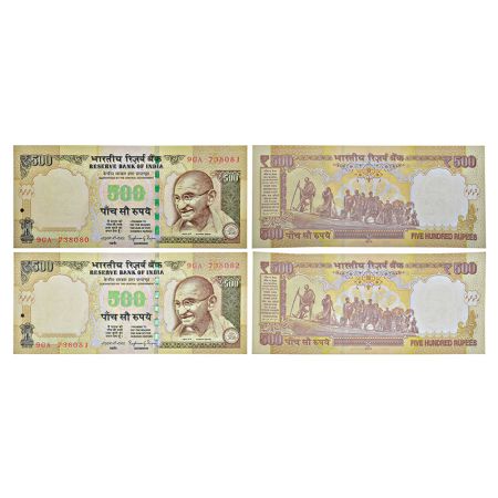 500 rupees, misprint notes (2), Gandhi series, 3rd issue, 2014, signed by Raghuram Rajan, 