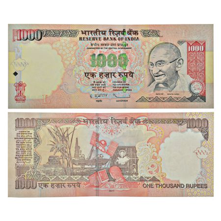 1000 rupees, misprint, Gandhi series, 2011, signed by D. Subbarao, inset 'L', serial numbe