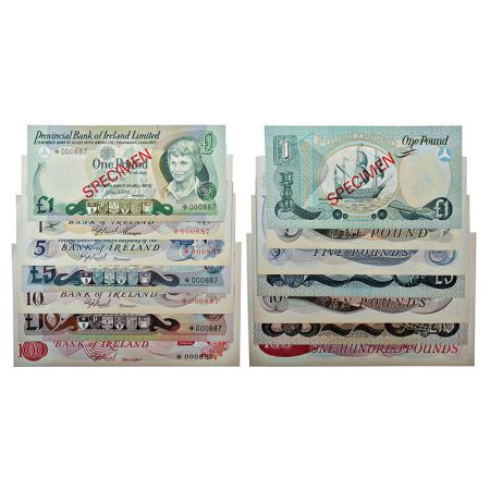 Ireland, SPECIMEN set of 7 notes, Bank of Ireland, 100 Pounds, 10 Pounds, 5 Pounds & 1 Pou