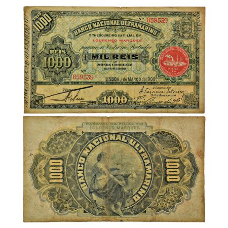 Mozambique, 1000 mil reis, lisboa, dated 1st march 1909, serial no.: 859539. Very fine, Ve
