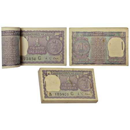 1 rupee, 1975, full packet of 100 notes, signed by M.G. Kaul, inset 'G', serial no.: W36 1