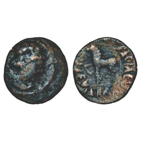 Kushans, copper coin of Vima Takto (90-110 AD) imitating an issue of Heliokles, possibly s