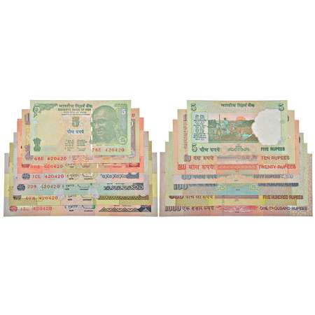 Semi fancy number set of 7 notes, 5 rupees to 1000 rupees, various governors' signature, v