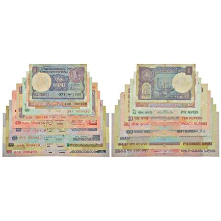 Semi fancy number set of 9 notes, 1 rupee to 1000 rupees, various governors' signature, va