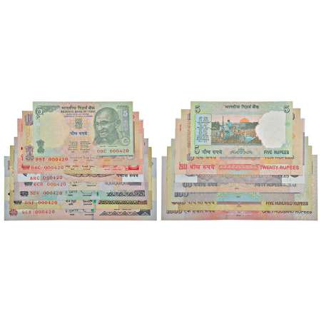 Semi fancy number set of 8 notes, 5 rupees to 1000 rupees (50 rupees - 2 notes), various g