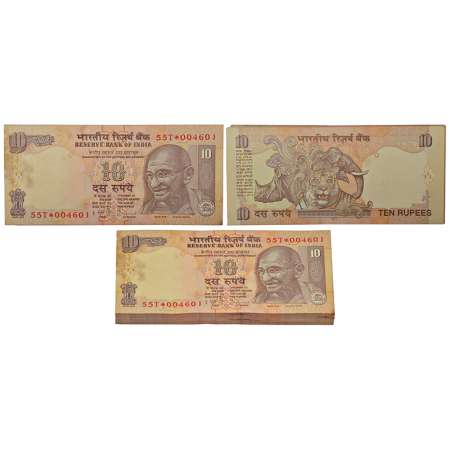 10 rupees, star series, full packet of 100 notes, Gandhi series, 2011, inset 'A', serial n