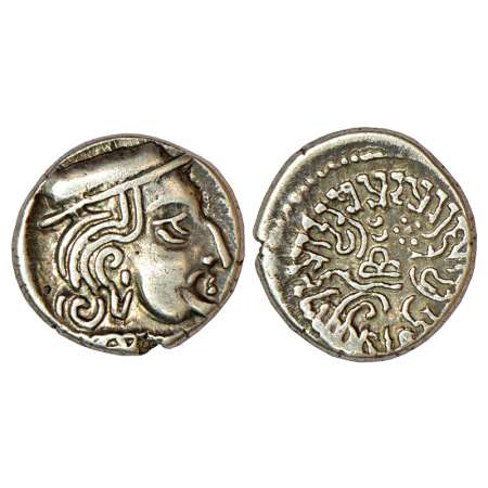 Western Kshatrapas, Karddamaka dynasty, silver drachm of Damasena as Mahakshatrapa (222-23