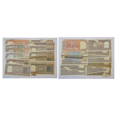 10 rupees, group of 14 misprint notes, 10x Boat series, 3x Peacock series and 1x Shalimar 