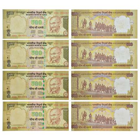 500 rupees, misprint notes (4), Gandhi series, 3rd issue, 2011, signed by D. Subbarao, ins