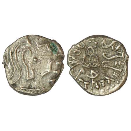 Traikutakas, silver drachm of Dahrasena (300-350 AD), not listed in MAC, 1.73g. Obv: Bust 