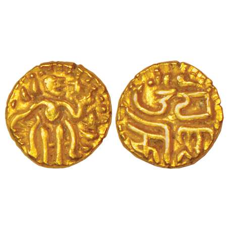 Imperial Cholas, gold kahavanu of Raja Raja I (985-1014 AD), K. Ganesh 1.8, 0.72g. Obv: Ki