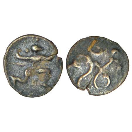 Shilaharas of Kolhapur, silver tara of Bhoja II (1175-1212 AD), 'Garuda' type, 0.25g. Obv: