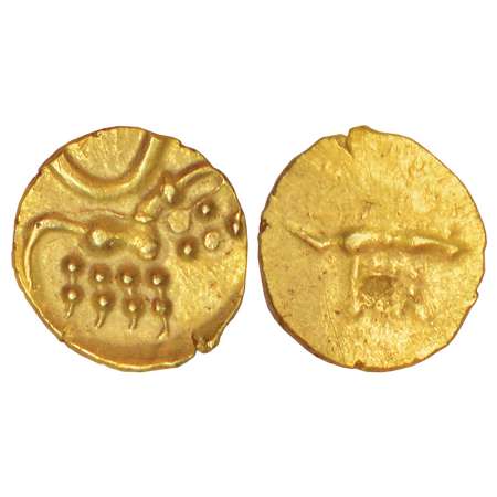 Coorg, gold fanam of Veera Raya, 0.41g. Obv: Stylized lion. Rev: Crocodile. Very fine+, Ve