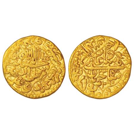 Shah Jahan (1628-1658 AD), gold mohur, Akbarabad mint, AH 1060/RY 23, KM 258.1, 10.85g. Ob