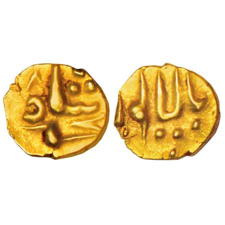 Muhammad Shah (1719-1748 AD), gold fanam, Balapur mint, ND, KM C440.2, 0.35g. Extremely fi