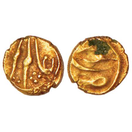 Maratha Confederacy, gold fanam, Kolar mint, in the name of Alamgir II, M&W T2, 0.38g. Ver
