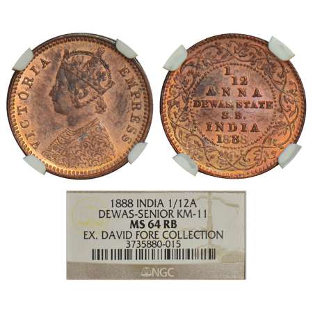 Dewas SB (Senior branch), Krishanji Rao (1860-1899 AD), copper 1/12 anna, AD 1888, KM 11. 
