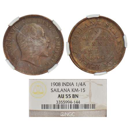 Sailana, Jaswant Singh (1890-1919 AD), copper ¼ anna, 1908, KM 15. Obv: Portrait bust of E