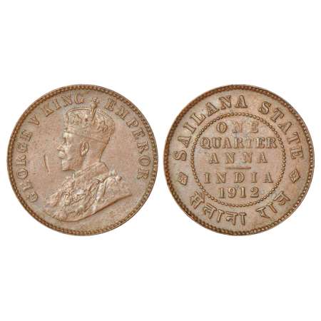 Sailana, Jaswant Singh (1890-1919 AD), copper ¼ anna, 1912, KM 16, 5.02g. Obv: Portrait bu