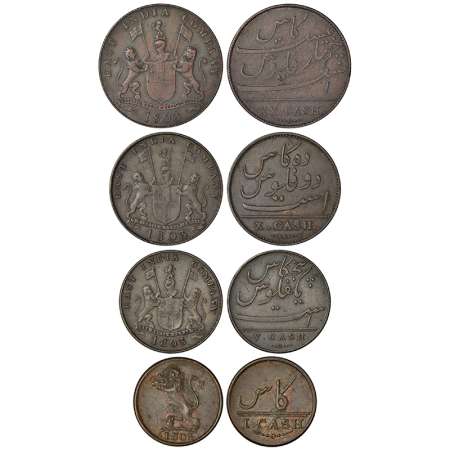 Madras Presidency - Soho mint, set of 4 copper coins, AD 1803, 1x 20 cash, 12.00g; 1x 10 c