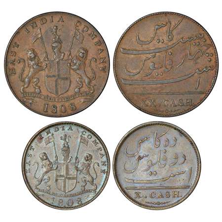 Madras Presidency - Soho mint (2), copper 20 cash and 10 cash, AD 1808, 9.49g & 4.78g, KM 