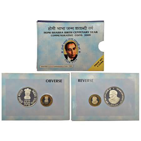 2009, Homi Bhabha Birth Centenary, proof set of 2 coins, 100 rupees and 10 rupees, Mumbai 