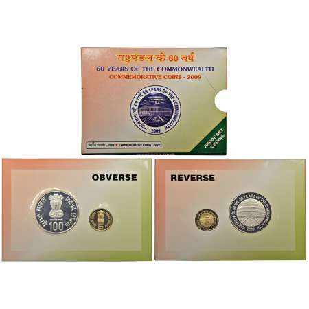 2009, 60 Years of the Commonwealth, proof set of 2 coins, 100 rupees and 5 rupees, Mumbai 