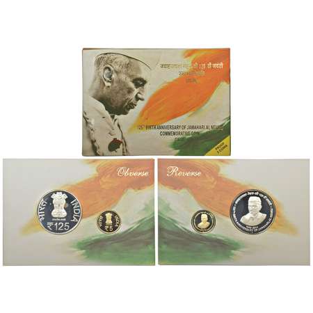 2014, 125th Birth Anniversary of Jawaharlal Nehru, proof set of 2 coins, 125 rupees and 5 