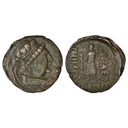 Kushans, early (Yueh-Chi) phase, imitative copper coin of Indo-Greek ruler Heliocles attri