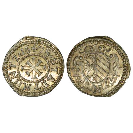German State-Nurnberg, silver kreuzer, 1678, KM 194, 0.94g. Obv: Double cross in dotted ci