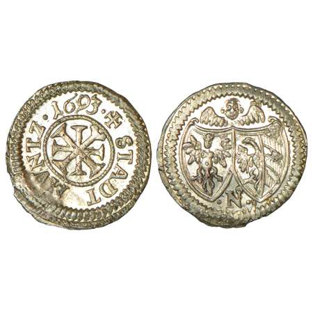 German State-Nurnberg, silver kreuzer, 1693, KM 215, 0.77g. Obv: Double cross in dotted ci