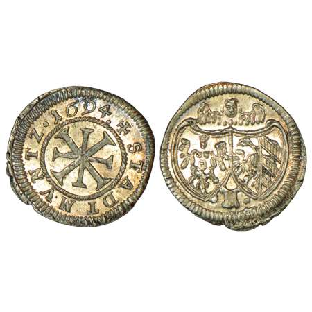German State-Nurnberg, silver kreuzer, 1694, KM 215, 0.76g. Obv: Double cross in dotted ci