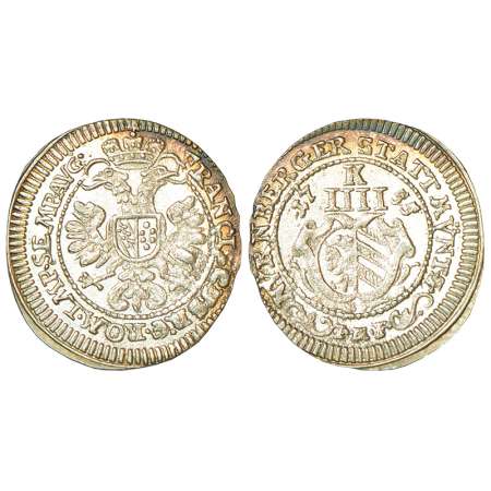 German State-Nurnberg, silver 4 kreuzer, 1755, KM 317, 1.80g. Obv: Oval arms in cartouche.
